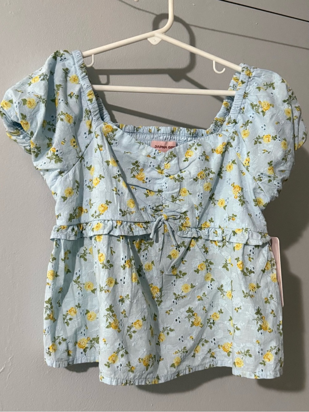 Japna Girls Light Blue Floral Square-Neck CottageCore Tie-Front Blouse NWT